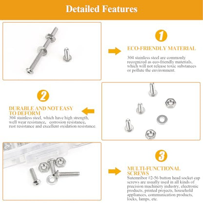 254 Pieces #2-56 x 3/16", 1/4", 5/16", 3/8", 1/2", 5/8", 3/4", 1", Button Head Socket Cap Screws Nuts Washers Assortment Kit - size: #2-56, style: Button Head Socket Cap