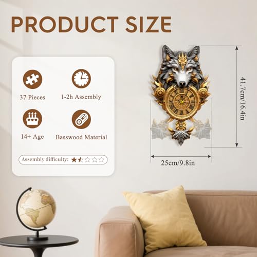 3D Puzzles for Adults Wooden Wolf Puzzle Clock Adult Crafts - color: Wolf Clock