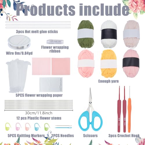 INFUNLY 12pcs/Set Crochet Flower Bouquet Kit Handmade Crochet Sunflower Set Artificial Knitted Bouquets Bell Orchid DIY Making Kit with Yarn Hook Instructions for Wedding Graduation Birthday Gift - color: Pink Tulips