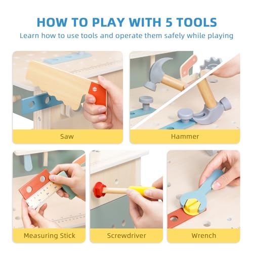 OOOK Kids Tool Bench，Wooden Toddler Workbench with Tools Set，Large Storage Wooden Tool Workbench for Kids Age 3-5，Pretend Play Construction Set Gift for Boys Girls