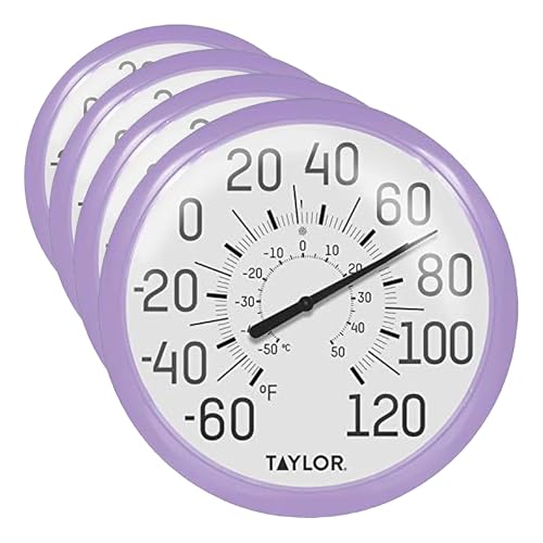 Taylor Big and Bold Wall Dial Thermometer, Indoor Outdoor Thermometer, Wireless Thermometer with Easy to Read Numbers for Patio, Pool, Garage and Indoor Areas, 13.25-inch, Lilac (Pack of 4) - color: Lilac, size: 13.25 inches (Pack of 4)