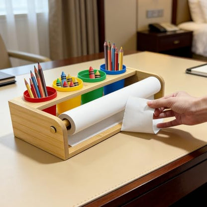 Bamboo Tabletop Paper Roll Dispenser, Desktop Art Easel with 12" x 49ft Blank Paper Roll, 4 Pen Cups, Paper Cutter for Drawing, Writing, Graffiti, Art Crafts