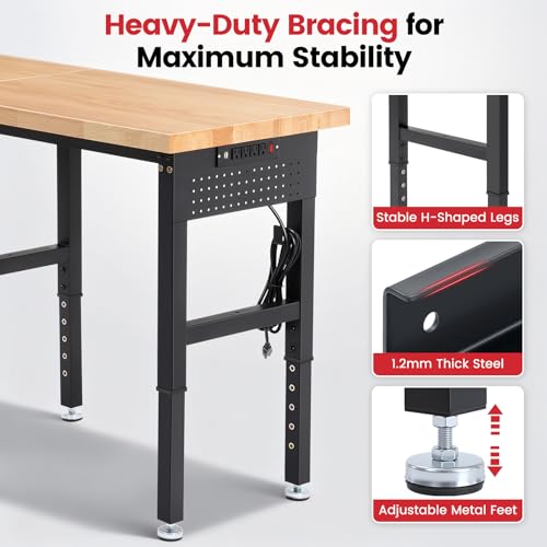 ENJOYWOOD 84" Adjustable Height Workbench with Pegboard & Power Outlet, 5000 LBS Capacity Heavy Duty Work Bench with Solid Rubberwood Top, Garage Work Table for Workshop