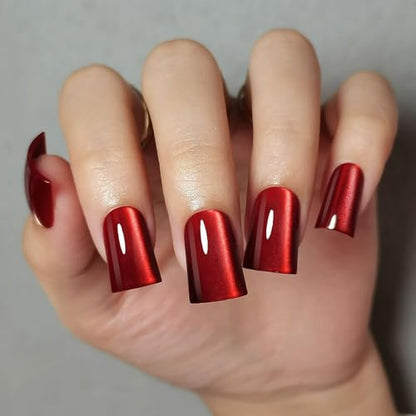 Red Press on Nails Medium Square Duck Mouth Fake Nails Cat's Eye False Nails Press Ons with Designs Glue on Nail Full Cover Reusable Acrylic Nail for Women 30Pcs - color: Style-A21