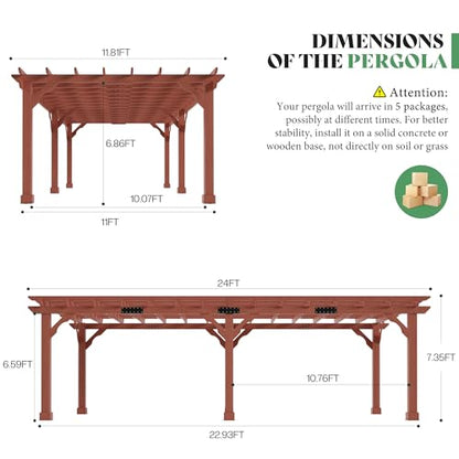AMERLIFE 12x24 FT Outdoor Wooden Pergola, Large Wood Pergola for Backyard & Patio, Solid Cedar Wood Gazebo Structure with Flip Roof Design for Garden, Poolside & Outdoor Entertaining - size: 12x24 FT