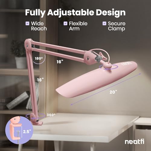 Neatfi XL 2200 Lumens 24W LED Desk Lamp – Shadow-Free Task Lighting | 4-Level Dimming | Home Office & Crafts Use | 20-Inch Wide Head (Rose Gold, Non-CCT with Clamp) - color: Rose Gold, size: Non-CCT with Clamp
