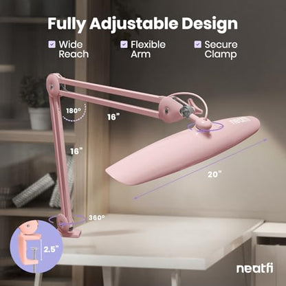 Neatfi XL 2200 Lumens 24W LED Desk Lamp – Shadow-Free Task Lighting | 4-Level Dimming | Home Office & Crafts Use | 20-Inch Wide Head (Rose Gold, Non-CCT with Clamp) - color: Rose Gold, size: Non-CCT with Clamp