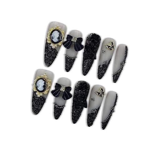 Gothic Press on Nails, Long Stiletto Matte Nails, Baroque Cameo & 3D Camellia Design Salon Quality, Reusable Nails with Bow Steel Beads Accents, Dark Princess Style for Women(Size S) - color: A17, size: S