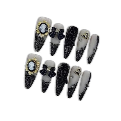 Gothic Press on Nails, Long Stiletto Matte Nails, Baroque Cameo & 3D Camellia Design Salon Quality, Reusable Nails with Bow Steel Beads Accents, Dark Princess Style for Women(Size M) - color: A17, size: M