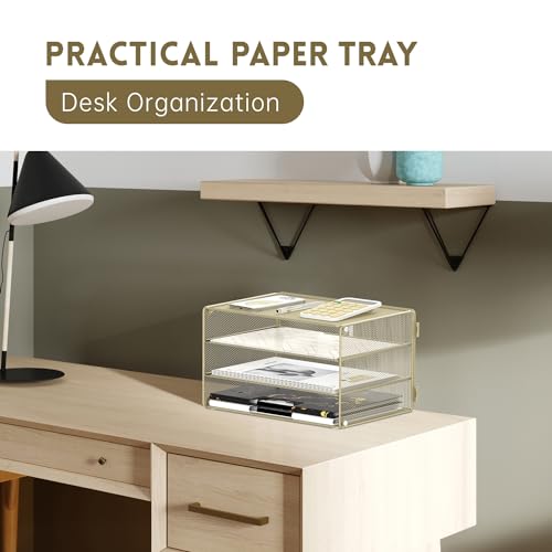 DALTACK 3 Tier Letter Tray Paper Organizer with Sliding Mesh Trays Yellow - color: Golden Yellow