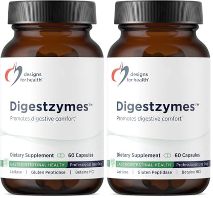 Designs for Health Digestzymes - Digestive Enzymes + Betaine Hydrochloride for Gas & Bloating Relief - Pepsin, Ox Bile, Lactase Enzyme & Lipase Enzymes for Digestion (60 Capsules) (Pack of 2) - size: 60 Count (Pack of 2)