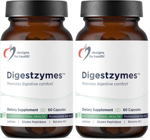 Designs for Health Digestzymes - Digestive Enzymes + Betaine Hydrochloride for Gas & Bloating Relief - Pepsin, Ox Bile, Lactase Enzyme & Lipase Enzymes for Digestion (60 Capsules) (Pack of 2) - size: 60 Count (Pack of 2)