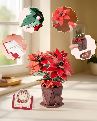 Rowood 3D Puzzles for Adults,Poinsettia Building Set Craft Kit,Artificial Flower Botanical Collection,Christmas Flowers Decoration Centerpiece for Table - style: Poinsettia