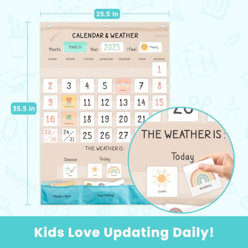 Classroom Boho Calendar & Weather Pocket Chart with 111 Cards, Circle Time Learning Center for Kids and Toddler, Preschool Must Haves! - color: bright Boho