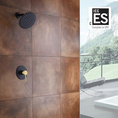 SUMERAIN Shower Faucet Set Black and Gold, 8" Stainless Steel Rain Shower - color: Black and Gold, size: Solid Brass Valve
