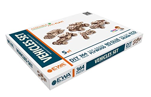 EWA Eco-Wood-Art Vehicles Set 5-in-1 Wooden 3D Puzzle, Mechanical 3D Puzzles for Adults, 364-Piece, with Wind-Up Rubber-Band Motors