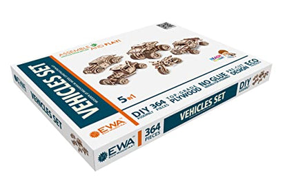 EWA Eco-Wood-Art Vehicles Set 5-in-1 Wooden 3D Puzzle, Mechanical 3D Puzzles for Adults, 364-Piece, with Wind-Up Rubber-Band Motors