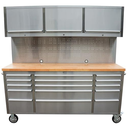 72-Inch Stainless Steel Rolling Tool Chest with 15 Drawers + 3 Upper Cabinets, Mobile Workbench, Assembled Large Tool Box Lockable Storage Cabinet with Wheels for Garage Workshop - size: 72'' + 3 Upper Cabinets - Stainless Steel