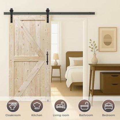 S&Z TOPHAND® 32in x 84in Unfinished British Brace Knotty Barn Door with Sliding Hardware Kit/Solid Wood/Sliding Door/Double Surfaces/A Simple Assembly is Required - size: 32x84in