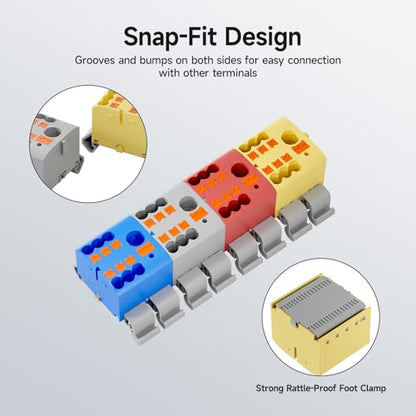 4Pcs KV225G DIN Rail Terminal Blocks, 3-Pole 1 in 6 Out Push-in - color: Red&Yellow&Blue&Grey-3P, size: 4 Pcs