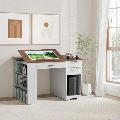 Drafting Table with Storage Cabinet & Drawers, Adjustable Drawing Table with Open Shelves, Craft Art Desk for Artists, Painters, Drawing, Crafting, Reading, Writing, Working - color: White