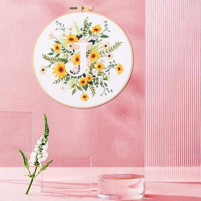 IUHUI Embroidery Kit for Beginners Adults - 26 Floral Letters Easy Patterns, DIY Hand Stitching Embroidery Set with Hoop (Flower and Grass Letter J) - color: Flower and Grass Letter J