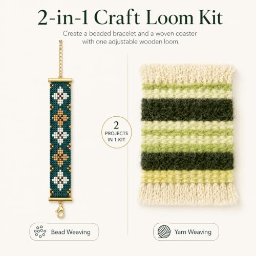 TMEGMIC 2-in-1 Wooden Bead Loom Kit, Bracelet and Coaster Weaving Kit with - color: Emerald Green Kit