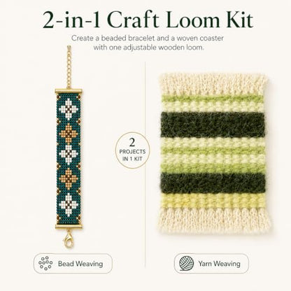 TMEGMIC 2-in-1 Wooden Bead Loom Kit, Bracelet and Coaster Weaving Kit with - color: Emerald Green Kit