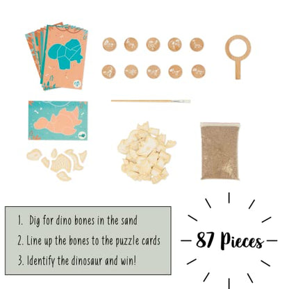 Janod Dino - Dinosaur Dig Puzzle Game - Excavate The Prehistoric Skeleton Pieces to Complete The Puzzle Cards - Reusable - Ages 4-8 Years - J05832