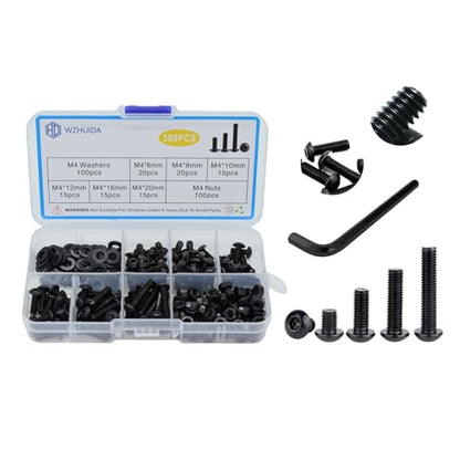 300Pcs M4 Screw Assortment Button Head Socket Cap, M4*6mm, 8mm, 10mm, 12mm, 16mm, 20mm, Metric Bolts Nuts Washers Kit with 1 Hex Allen Wrench, Black Zinc Plated Anti Rust Upgrade - size: M4 300Pcs 6mm-20mm