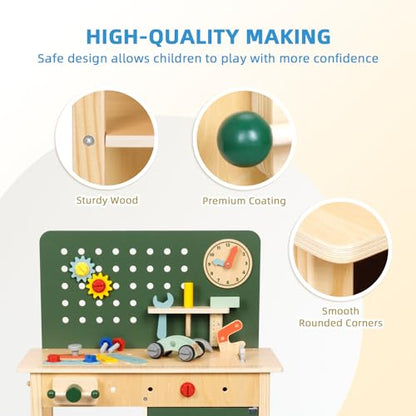 OOOK Kids Tool Bench，Wooden Toddler Workbench with Tools Set，Large Storage Wooden Tool Workbench for Kids Age 3-5，Pretend Play Construction Set Gift for Boys Girls