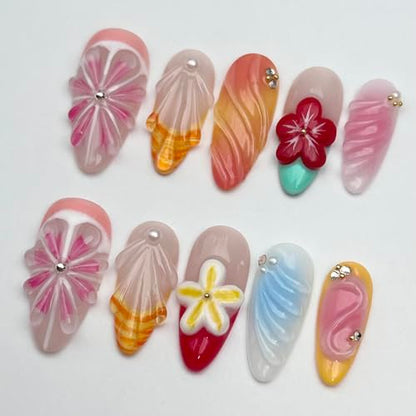 Luxury Press on Nails Medium Almond Handmade 3D Unique Reusable ABS Material Fake Nails Pink Grapefruit False Nails with Designs Shell Red Flower Art Petal Glossy Glue on Nails Thick Acrylic Nails(M) - color: N01, size: M