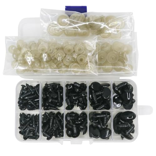 GSHLLO 125 Pcs 5 Sizes Safety Eyes and Noses Small Crochet Animal Noses Doll Puppet Making Eyes Black Stuffed Bear Eyes Plastic Plush Animal Eyes with 125 Pcs Washers and Storage Case