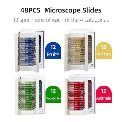 48 Prepared Microscope Slides Set, Insects Animal Plant Fruit Vegetable Specimens, Biological Learning Resource Specimens for Beginner Classroom Basic Science Education (MS-01)