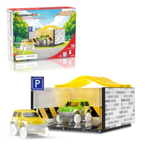 PicassoTiles Magnetic Tiles Race Car Track Kit Parking Garage Expansion Pack with 2 Cars Magnet Tile Building Blocks Educational Toy Learning Kit Pretend Play Construction Set Kids Child Ages 3+ PTR07 - color: 2 Cars With Garage Race Track