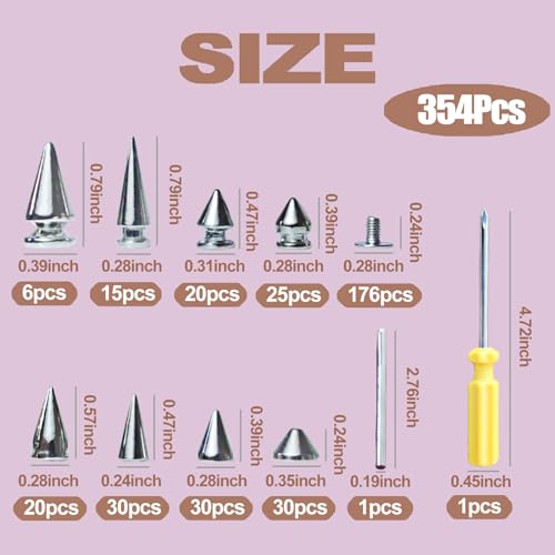 XKCWXY 354 Pcs Goth Punk Spikes and Studs Kit for Clothing and Accessories