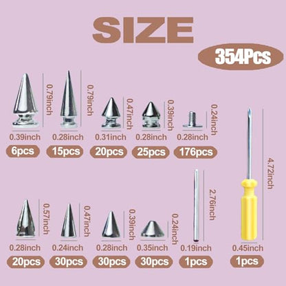 XKCWXY 354 Pcs Goth Punk Spikes and Studs Kit for Clothing and Accessories
