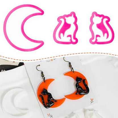 Xaekicr Halloween Moon and Cat Polymer Clay Cutters Set – 3Pcs Clay Earring Cutters for Halloween Earrings Making – Polymer Clay Molds and Tools for Jewelry DIY - color: G color