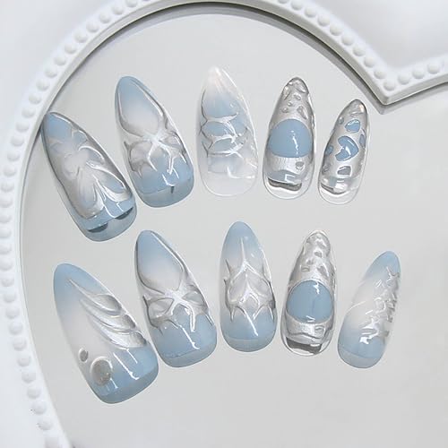 Light Blue Ombre Press on Nails Medium Almond Fake Nails Full Cover heart Acrylic False Nails with 3D Swirl Designs Glue on Nails Almond Shape Nail Press ons Stick on Nail for Women 24Pcs - color: Style15