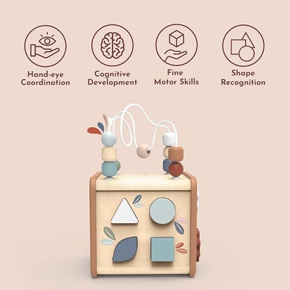 SPEEDY MONKEY Wooden 5-in-1 Activity Cube | Bead Maze & Shape Sorter - color: 5-in-1 Cube