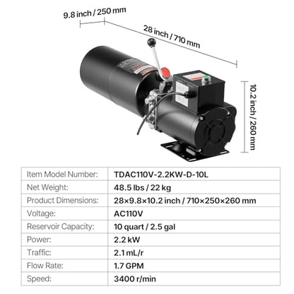 Vevor 110V 10 Quart Hydraulic Power Unit Automotive Hydraulic Pump Dump Trailer Vehicle Mounted Lifter Auto Shop Repair Car Lift Power Unit for Two and Four Post Lift Auto Hoist - size: 10 Quart, style: Single Acting