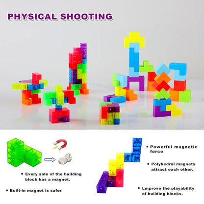 Magnetic Building Blocks Magic Magnetic 3D Puzzle Cubes, Set of 7 Multi Shapes Magnetic Blocks with 54 Guide Cards, Parent-Child Interactive Children's Educational Toys (7 Color) - color: 7color
