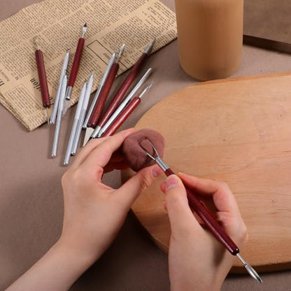 12 PCS Clay Carving Tools, Double-Sided Clay Sculpting Tools Wooden Handle Clays Wire Loop Sculpture Set Clays Pottery Sculpting Tool Set for Ceramic, Carving Modeling - color: Silver + Red