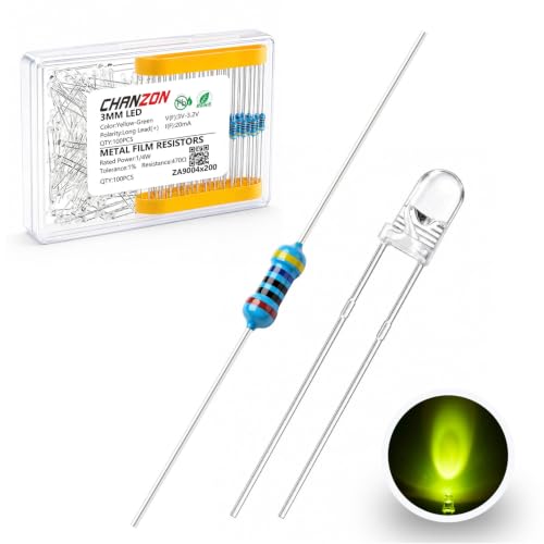 Chanzon 100pcs 3mm Yellow-Green LED Diodes + 100pcs 470 Ohm Resistors - color: E) Yellow-Green, size: 3mm
