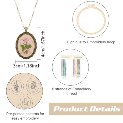 FREEBLOSS 6 Set Embroidery Necklace Kit Embroidery Kit for Beginners Embroidery Pendant Flowers Brooch Mini Embroidery Kit with Instruction Embroidery Starter Kit for Adults Stamped Pattern Cloth
