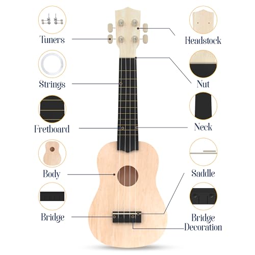 DIY Ukulele Kit - Build Your Own Guitar with 21-Inch Soprano Ukelele Kit, Includes 33 Pieces Make Your Own Ukulele Acoustic Guitar DIY Projects
