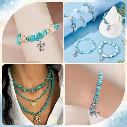 SUNNYCLUE 1 Box 217Pcs Turtle Beads Starfish Beads Boho Sea Turtle Starfish Shell Charm Bulk Summer Hawaii Ocean Charms Turquoise Loose Spacers for Jewelry Making Kits DIY Craft Supplies - color: Boho Styles Beads Kit-5