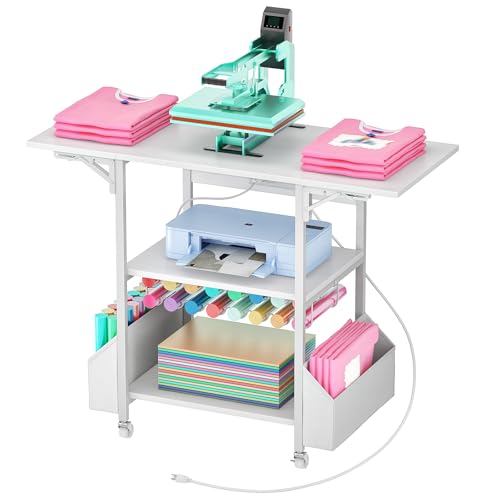 CHOEZON Foldable Heat Press Table with Charging Station, Movable Heat Transfer Stand with Vinyl Roll Holder and Storage Pockets, Mobile Workbench for DIY Sublimation Transfer, White TPS03UWB - color: White
