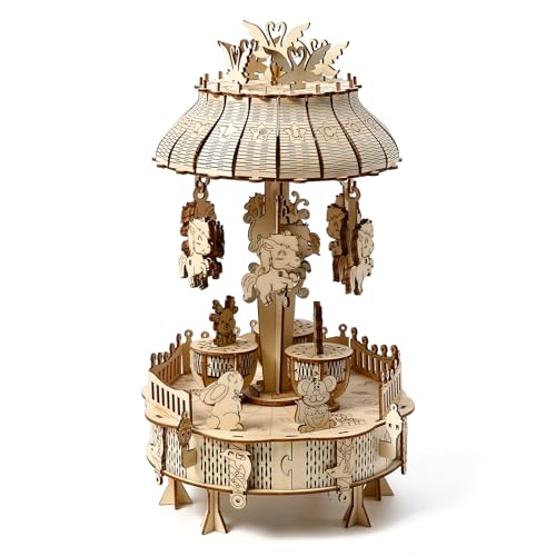 3D Wooden Puzzle for Adults, 3D Puzzle Musical Carousel Model Kit with Music Box, Rotatable Wood Mechanical Gear Building, Classic Construction Craft Set DIY Birthday Gift, 153 PCS - color: Musical Carousel