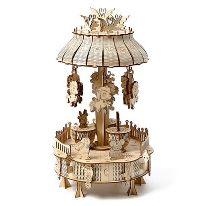 3D Wooden Puzzle for Adults, 3D Puzzle Musical Carousel Model Kit with Music Box, Rotatable Wood Mechanical Gear Building, Classic Construction Craft Set DIY Birthday Gift, 153 PCS - color: Musical Carousel